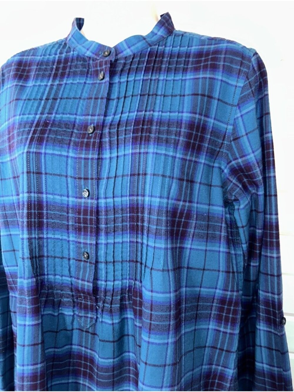 Lands' End Sz ?? (See Meas) Blue Flannel Plaid Pintucked L/S Popover Tunic EUC